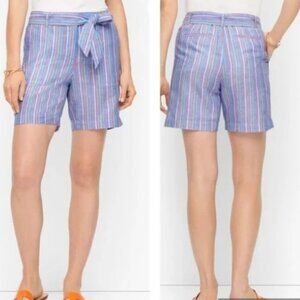 Talbots Multicolor Blue Striped Linen Blend Tie Waist Shorts Pockets, size 12